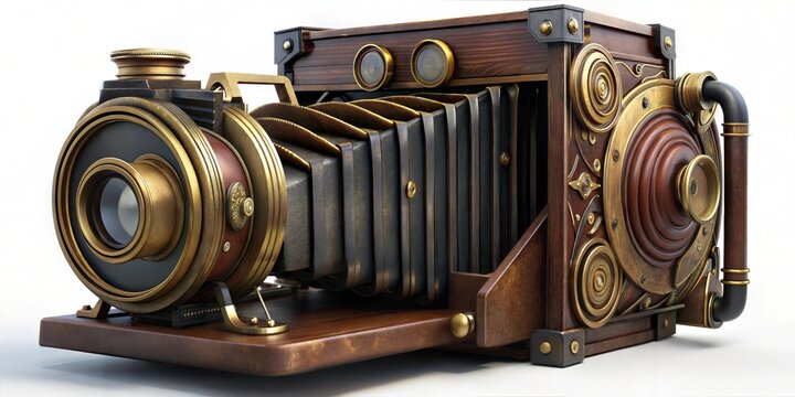 Intricate Steampunk Folding Camera with Wood and Brass Elements, Exposed Bellows, and Ornate Details