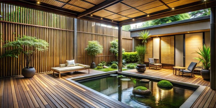 Tranquil Japanese Courtyard Featuring a Pond with Floating Elements, Covered Deck, and Elegant Slatted Screens