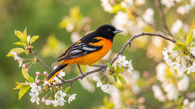  Baltimore Oriole Perched Among White Spring Blossoms and Fresh Green Leaves
