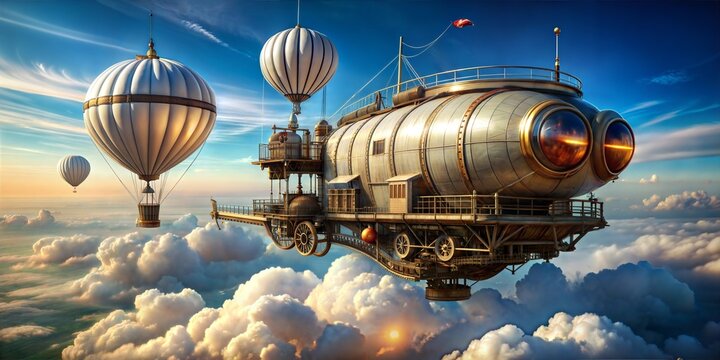 A fantastical steampunk airship with a metal hull and two large balloons flying above a sea of clouds at sunset