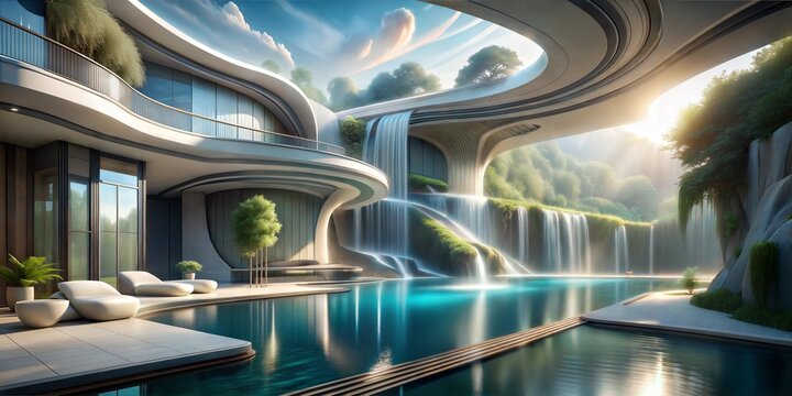 Ultra-Modern House with Cascading Water Features and Multiple Swimming Pools Surrounded by Verdant Hills
