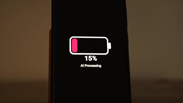 A battery icon labeled AI Processing drains from 100 percent down to 40 percent and below on an upright smartphone against a warm beige wall. It symbolizes AI energy consumption, compute load, power 