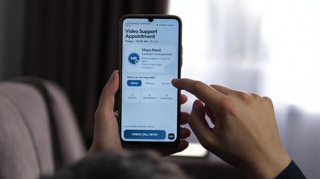 Customer prepares for a verified mobile video support appointment, reviewing billing assistance and connection settings before joining a remote service specialist.