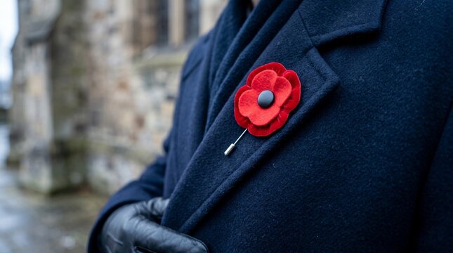Person wearing red poppy on dark jacket lapel