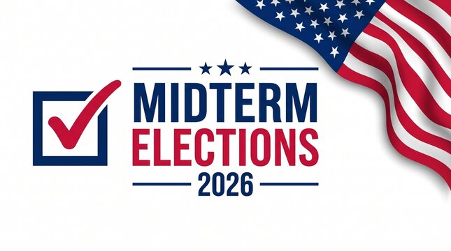 Midterm elections 2026 graphic with american flag and checkmark