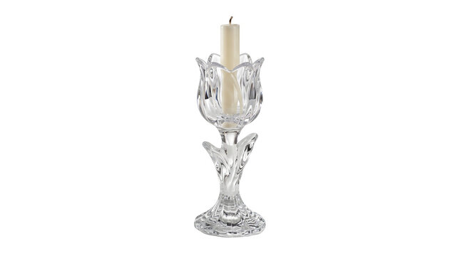 Elegant crystal candlestick holder with white taper candle, vintage clear glass candleholder studio shot on white background