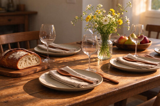 Wooden dining table set for dinner with wildflowers
