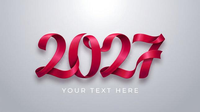 Three-dimensional red metallic 2027 typography formed by a glossy curved ribbon on a plain background