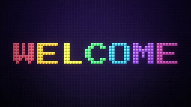 Retro pixel art video clip shows WELCOME text forming and dissolving with colorful blocks on a dark grid background