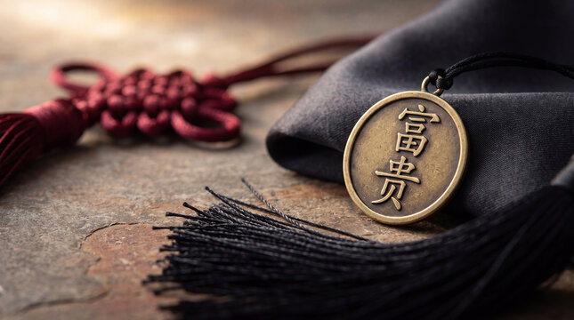 Chinese auspicious coin amulet with fortune inscription and silk tassels