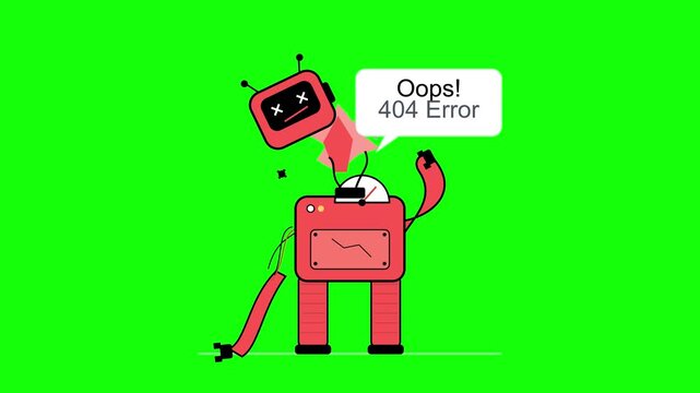 Broken red robot with a detached head and 404 error message on green screen background, 3D animation