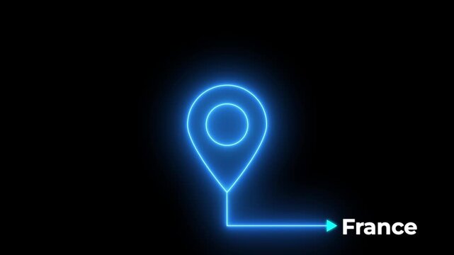 The name of the place with the location has been displayed on solid background.France map location pin animation.GPS location tracking animation.