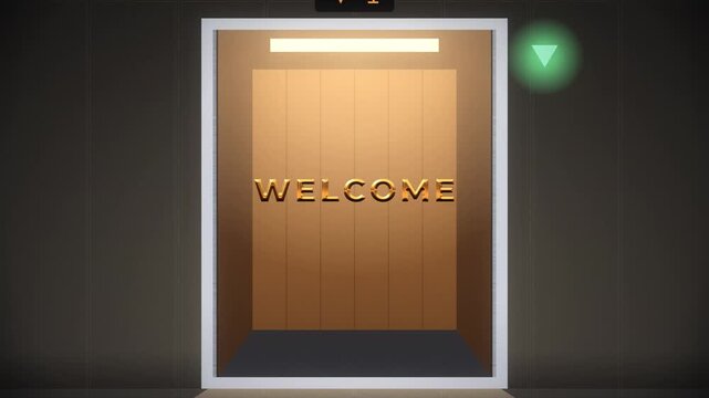 Modern elevator doors opening to reveal a warm welcome and then closing with a sleek metallic finish