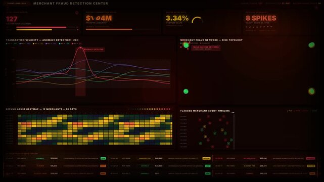 A dynamic merchant fraud monitoring dashboard showcasing refund abuse, transaction spikes, and anomalies in a high-risk financial environment with vibrant colors and advanced UI design.