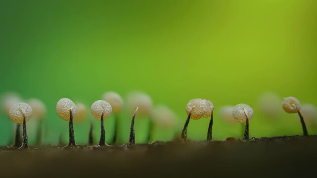 Slime mold fruiting bodies growing on decaying wood, macro close-up against olive green background