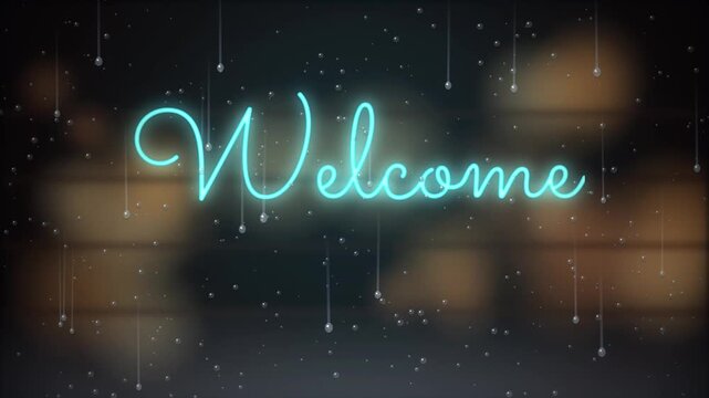 Neon welcome sign with rain drops and bokeh background