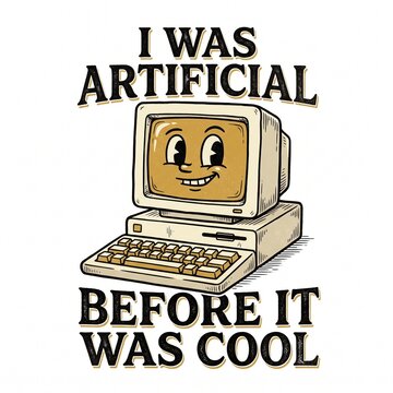 Vintage computer character illustration with funny text i was artificial before it was cool