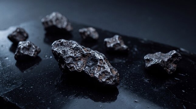 Collection of metallic space meteorites on dark reflective background