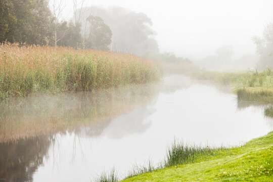 misty foggy sunrise and reflections over Klein River , Stanford, South Africa