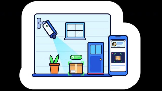 Bold sticker of a house porch wall with a wall mounted security camera, a window, a front door, a potted plant and a cardboard parcel, next to a smartphone showing a live camera feed, on a transparent