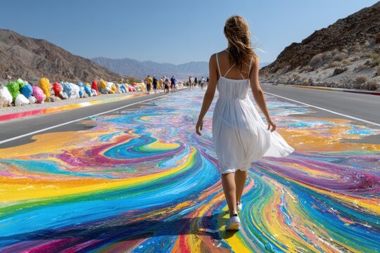 Brightly colored painted road attracts visitors in desert landscape with artistic flair