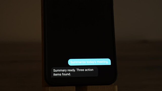 On a smartphone propped on a wooden stand, a user asks AI for a meeting summary and the reply says it is ready, with three action items found. Ideal for AI meeting assistants, minutes and workplace p