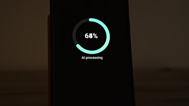 A cyan progress ring labeled AI processing fills from 0 to 100 percent on a smartphone in a dim room, then switches to Report Ready. It shows automated report generation, AI analytics, completed data
