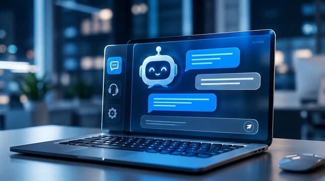 Artificial Intelligence Chatbot Interface on Laptop Screen in Modern Office, Concept of 24/7 Virtual Assistant, Automated Customer Support, Machine Learning and Futuristic Digital Communication.