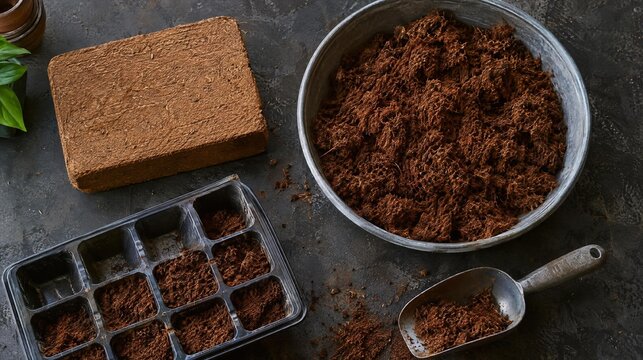 Compressed cocopeat expanding beside a seed starting tray