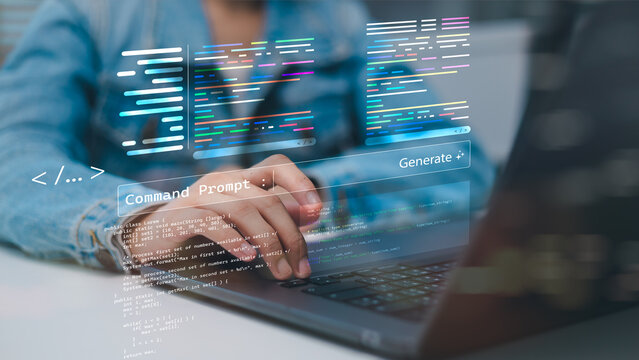 Programmer developer typing on laptop keyboard using command prompt to generate software code with colorful digital interface in modern office workplace.
