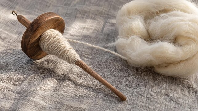 Spinning wool with a wooden drop spindle and roving