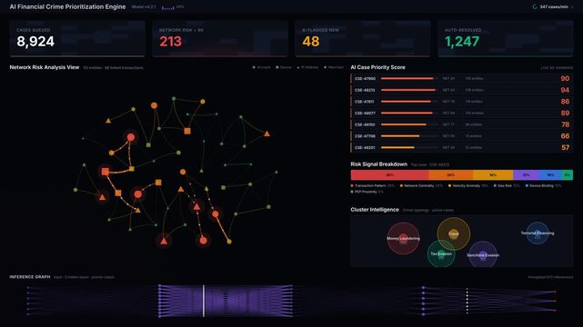 A sophisticated dark-mode AI financial crime dashboard showcases complex case prioritization through advanced network risk analysis with an ethereal glow and dynamic visuals.
