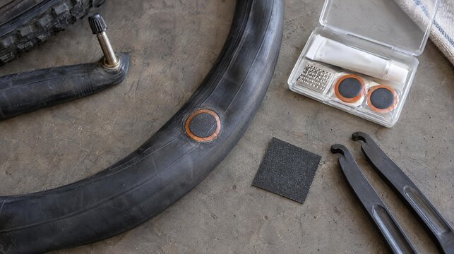 Bicycle inner tube patch repair kit on a work surface