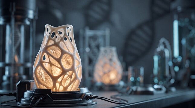 Futuristic bio-tech lab lamp illuminating an intricate organic structure