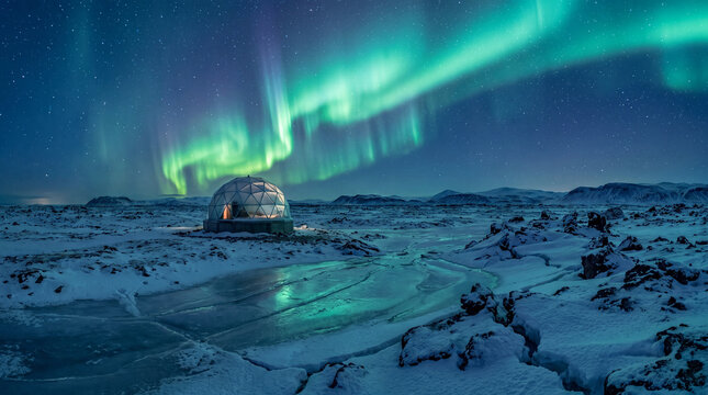 Geodesic Dome Under Aurora Borealis in Winter Landscape