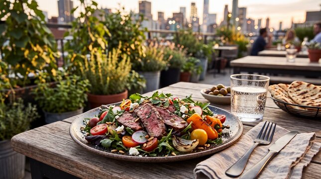 Delicious steak salad with grilled vegetables on a rooftop restaurant