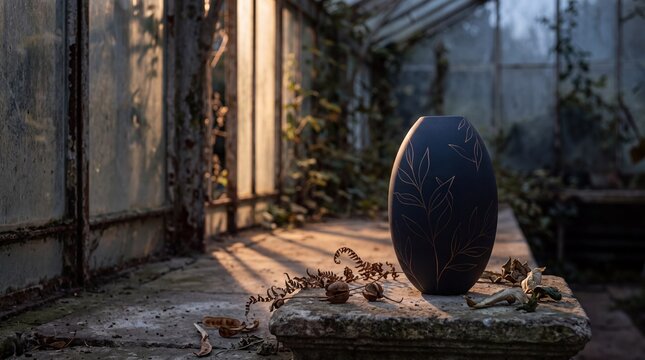 Dark floral vase on a stone surface in an old greenhouse