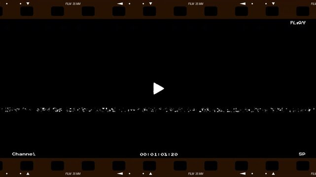 Retro VHS VCR glitch effect featuring a white play button icon and vintage film strip border on a black background with analog noise and timecode for video editing overlays