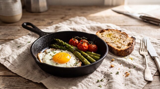 Cast iron skillet with fried egg, asparagus, and cherry tomatoes