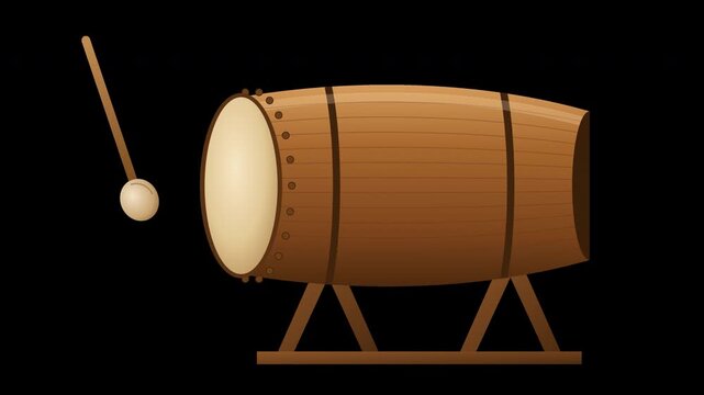 Detailed illustration of a bedug, the large traditional wooden barrel drum with a leather drumhead, wooden pegs and bands, resting on a wooden stand, isolated on a transparent background (alpha channe