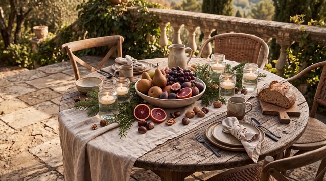 Outdoor rustic table set for autumn dinner with fruit, candles, and bread