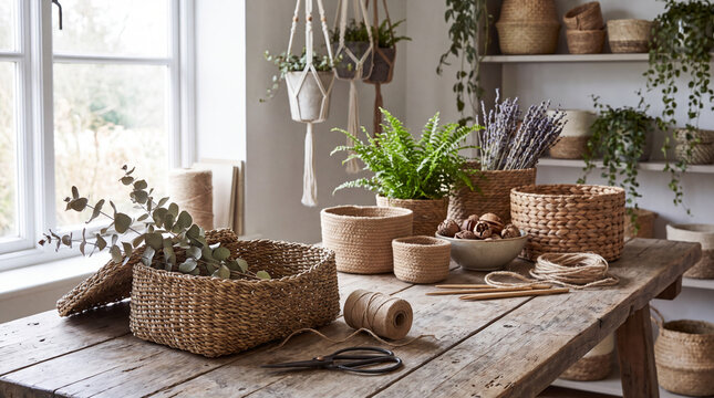 Rustic wooden table with wicker baskets and dried eucalyptus branches