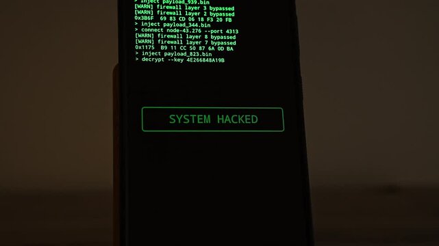 Green terminal lines scroll on a smartphone, reporting firewall layers bypassed and payloads injected, before a SYSTEM HACKED box appears. A hacker attack visual for breaches, intrusion, penetration 