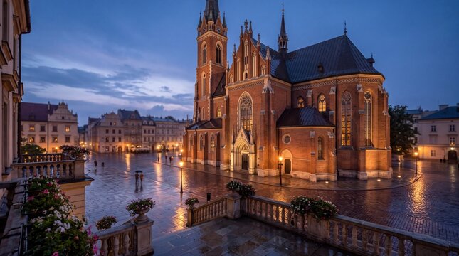 St. Mary's Basilica in Krakow main square at dusk