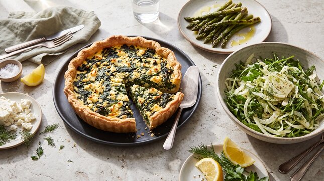 Spinach and feta quiche with asparagus and green salad on a rustic table