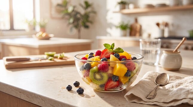 Fresh fruit salad in a glass bowl on a kitchen counter