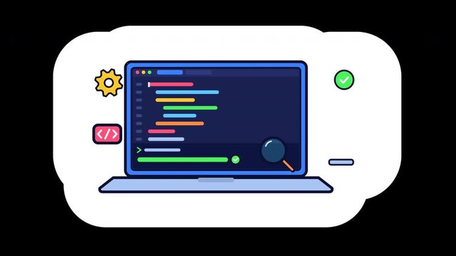 Bold sticker of a blue laptop with a dark code editor, a ladybug style bug crawling over the code, a magnifying glass, a terminal panel, a spinning gear, a code tag chip and a small rocket on a launch