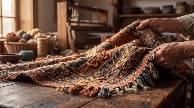 Artisan weaving intricate textile rug on wooden workbench