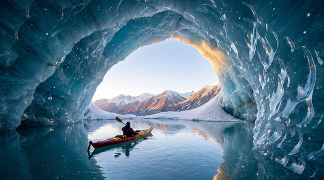 Kayaker exploring a glacial ice cave with mountains in the background