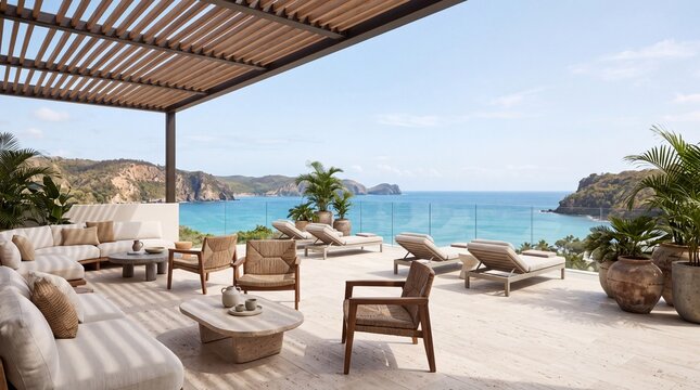 Luxury tropical terrace with ocean view and comfortable lounge furniture
